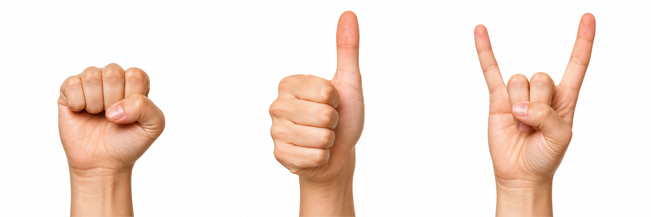 Examples of supported hand poses: a closed fist, thumb up, and index plus little finger raised.